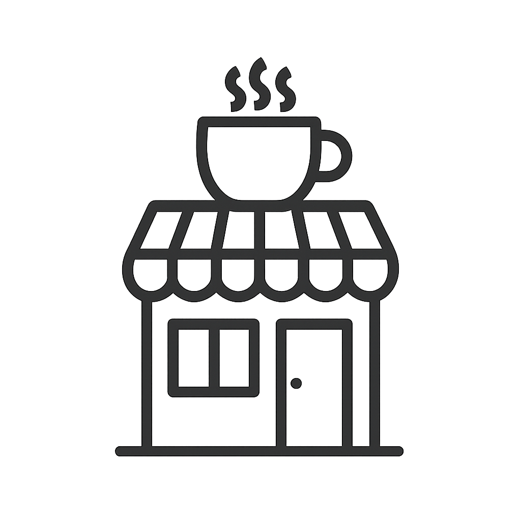 Illustration of a line drawing of a coffee shop storefront with an awning and cup of hot coffee on top. This is a simple i...